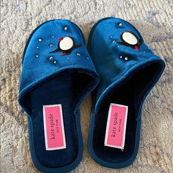 Kate Spade Jolie Teal Penguin Embroidered with blings Slippers/mule/clog 9B NWOT - Picture 1 of 9
